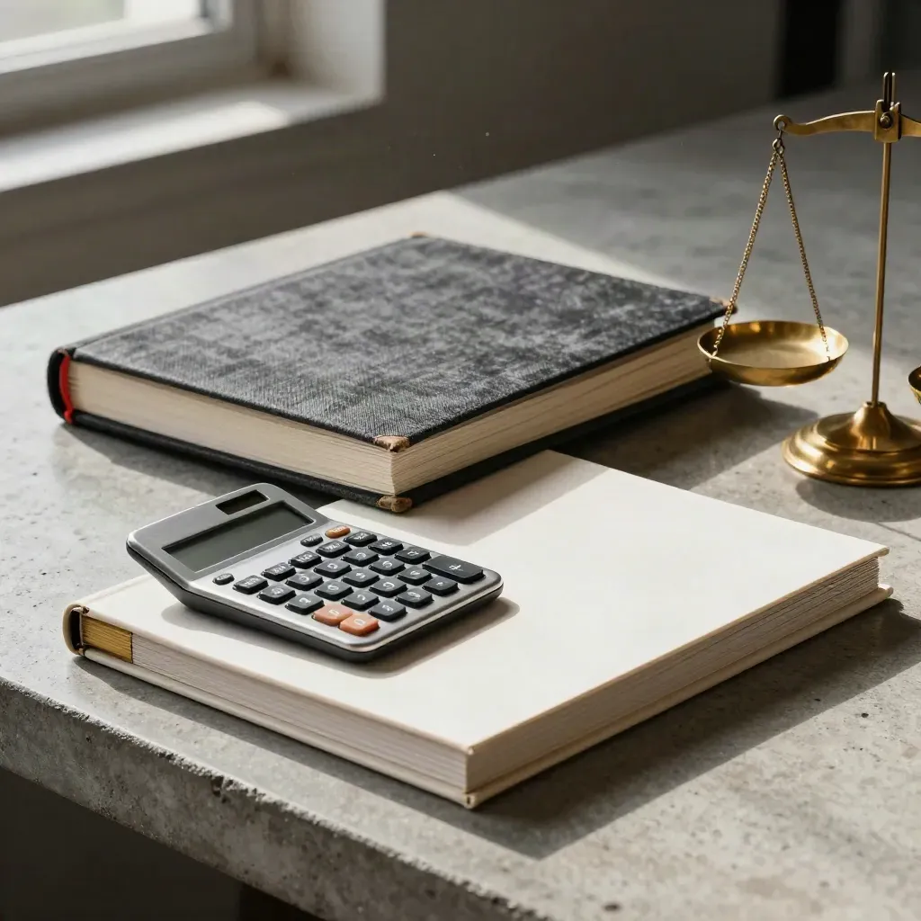 Two mutual-fund binders, calculator, and brass scale on concrete, one option visibly cleaner after review.