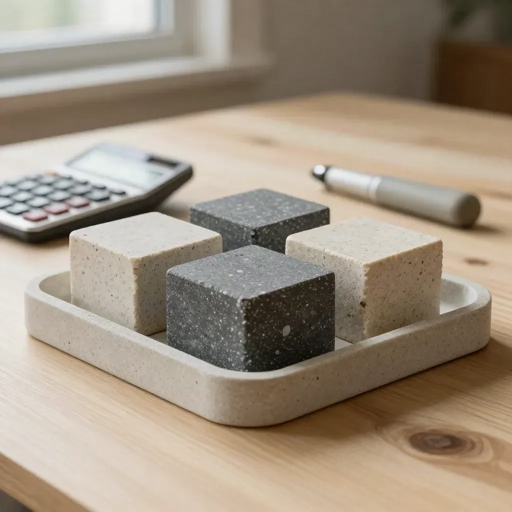 Travertine ETF blocks, calculator and stone marker on pale wood in a balanced setup.