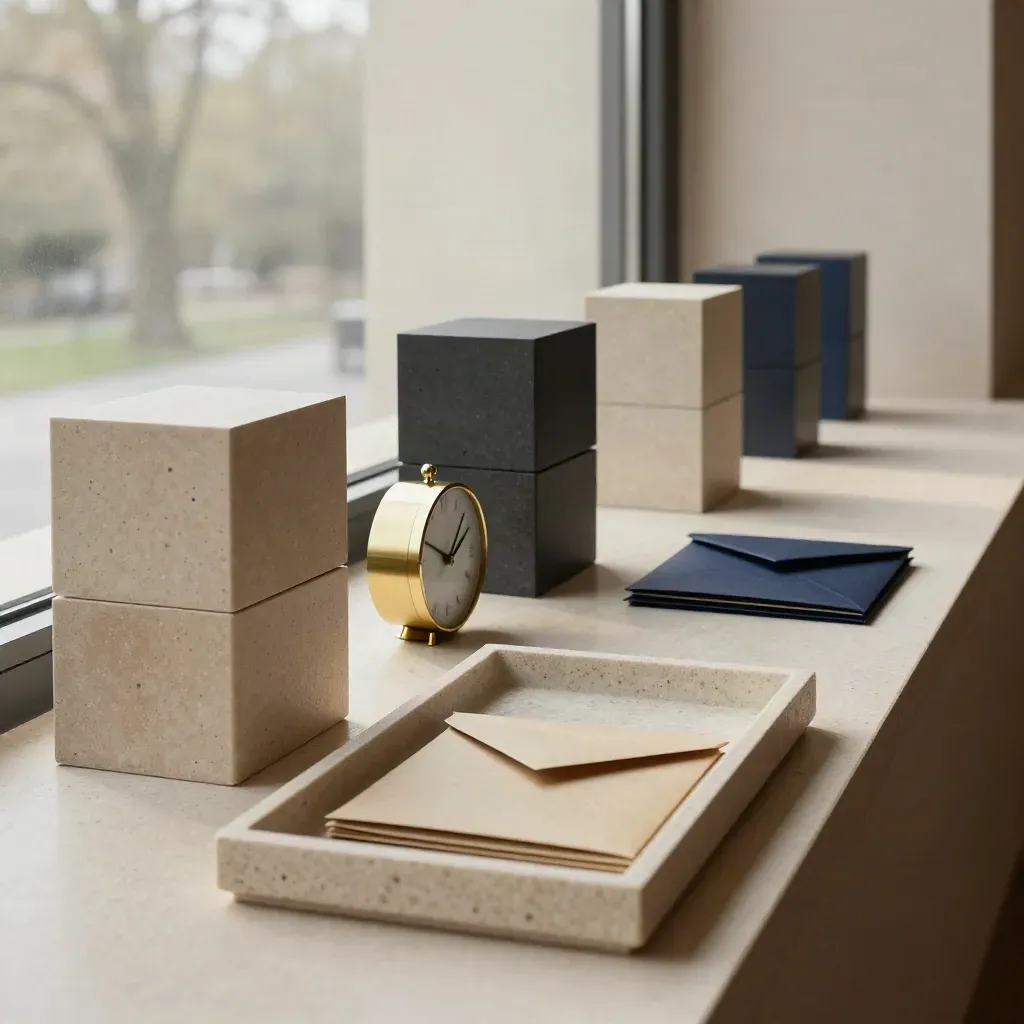 Cinematic retirement planning still life with cubes, clock, tray, envelopes, and window glow.