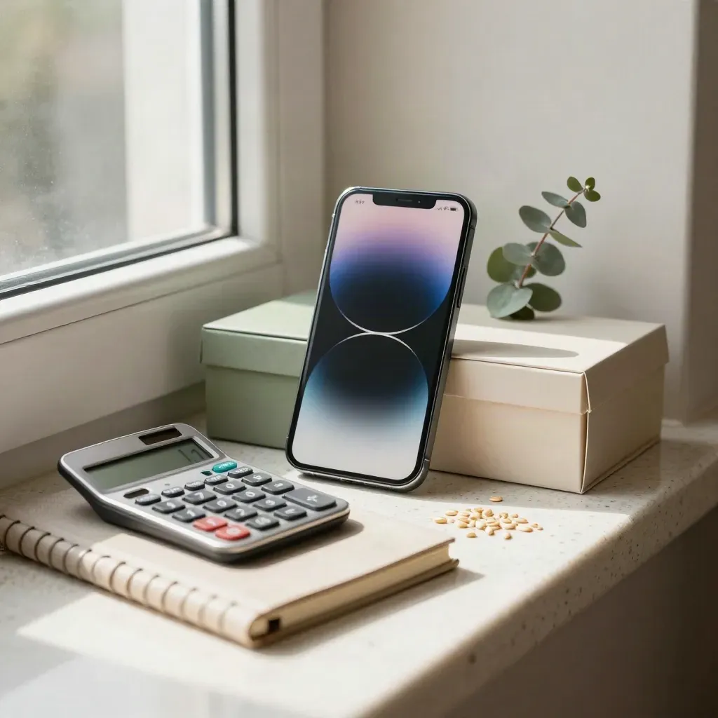 Sunlit condo savings corner with phone, calculator, notebook, and deposit boxes