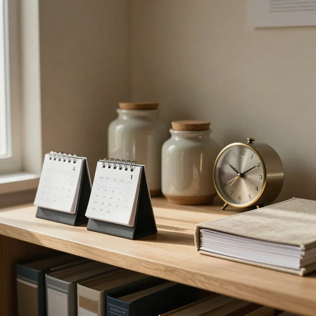 Savings jars, calendar blocks, clock and folder stack on a planning shelf in warm daylight.