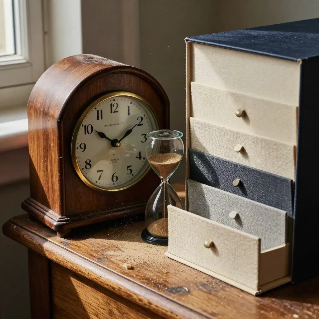 Weathered clock, sand timer and archive box lit by raking daylight on oak.