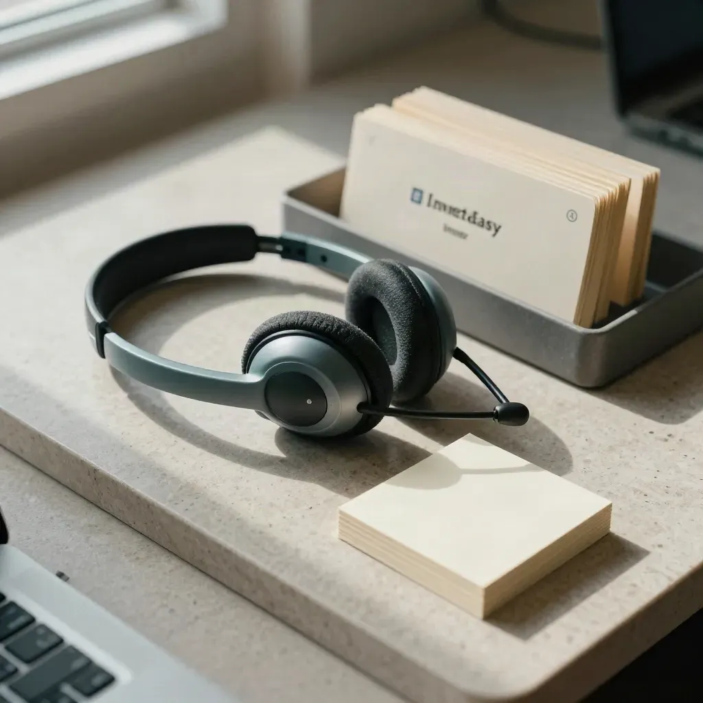 Close-up of a finance support station with headset base, phone cradle, inbox tray, and note cards on stone.