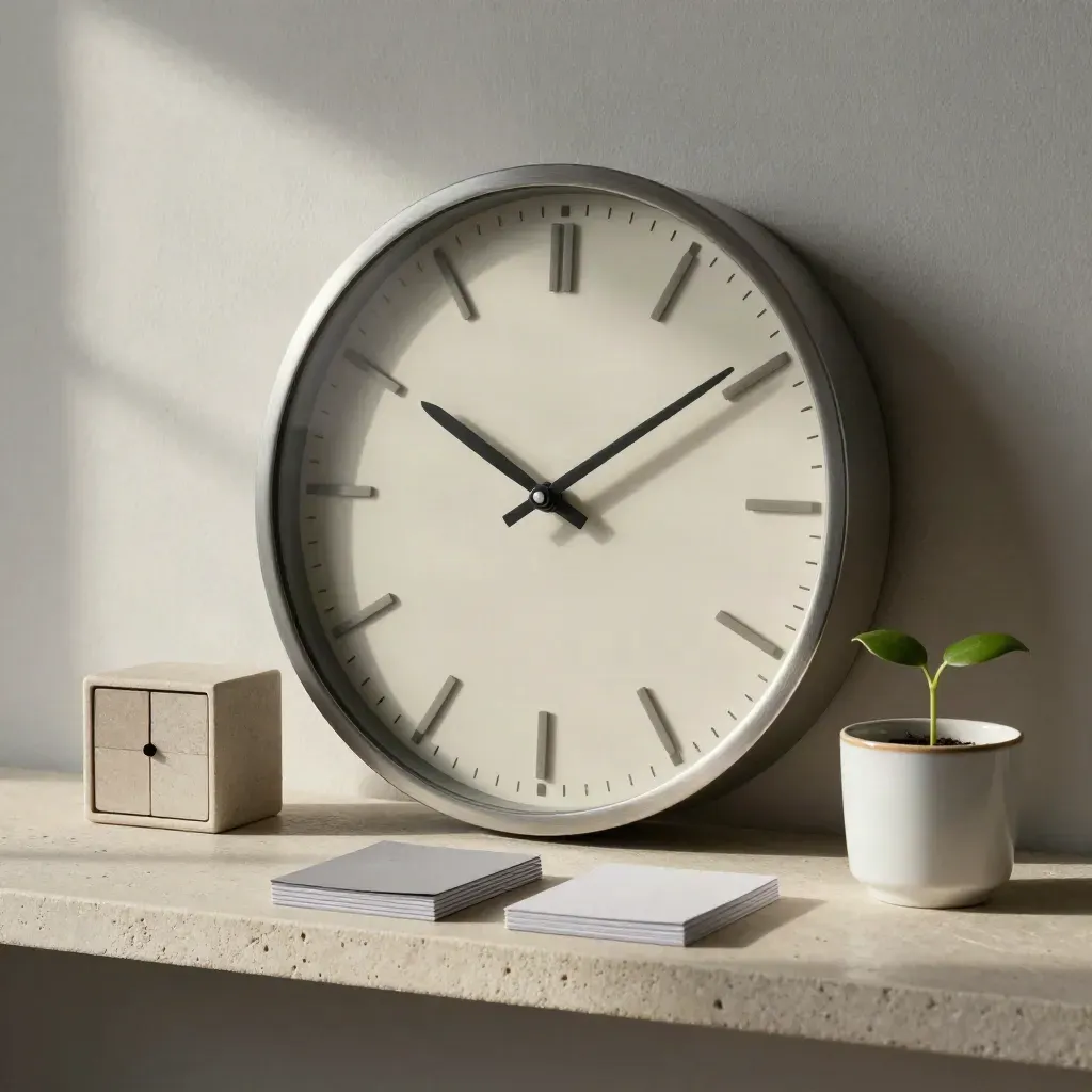 Clock, calendar cube, notes and plant cutting on a stone shelf in soft side light.