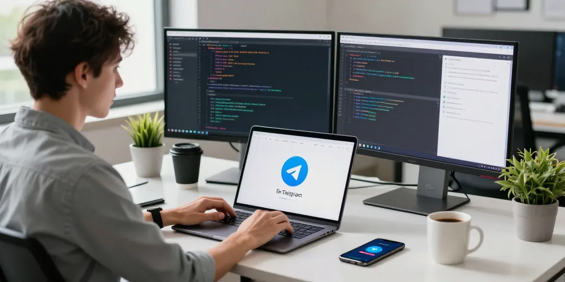 Using Telegram Chinese settings in a modern office with tech setups and engaging atmosphere.